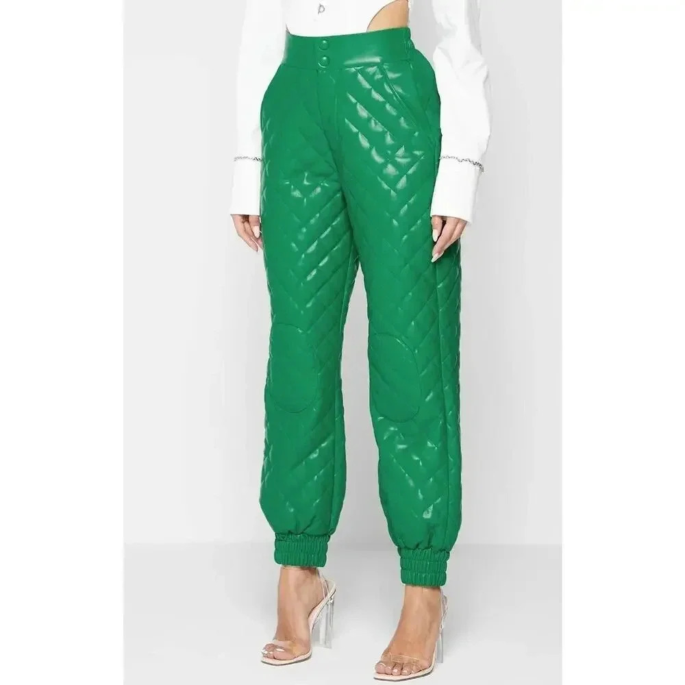 Maniere De Voir VEGAN LEATHER QUILTED JOGGERS Green Sz 8 Medium - Picture 1 of 16